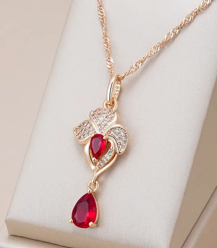 Kinel-collar con colgante largo de flor de circón Natural rojo de lujo para mujer, Color oro rosa 585, joyería fina de boda con flores Vintage 1