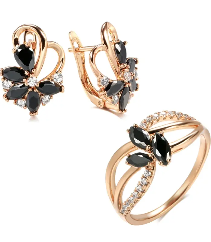 Kinel-Conjunto de anillos y pendientes de oro rosa 585, pendientes colgantes de circón Natural negro a la moda, conjunto de joyería para fiesta y boda 1