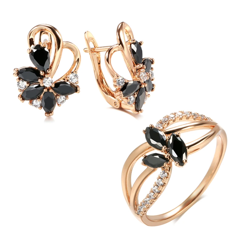 Kinel-Conjunto de anillos y pendientes de oro rosa 585, pendientes colgantes de circón Natural negro a la moda, conjunto de joyería para fiesta y boda 1 Kinel-Conjunto de anillos y pendientes de oro rosa 585, pendientes colgantes de circón Natural negro a la moda, conjunto de joyería para fiesta y boda 1
