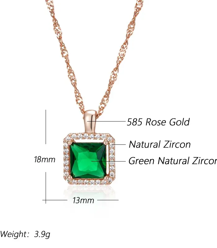 Kinel-collar con colgante de circón Natural verde cuadrado de lujo para mujer, joyería llamativa de boda para novia, Color oro rosa 585 2