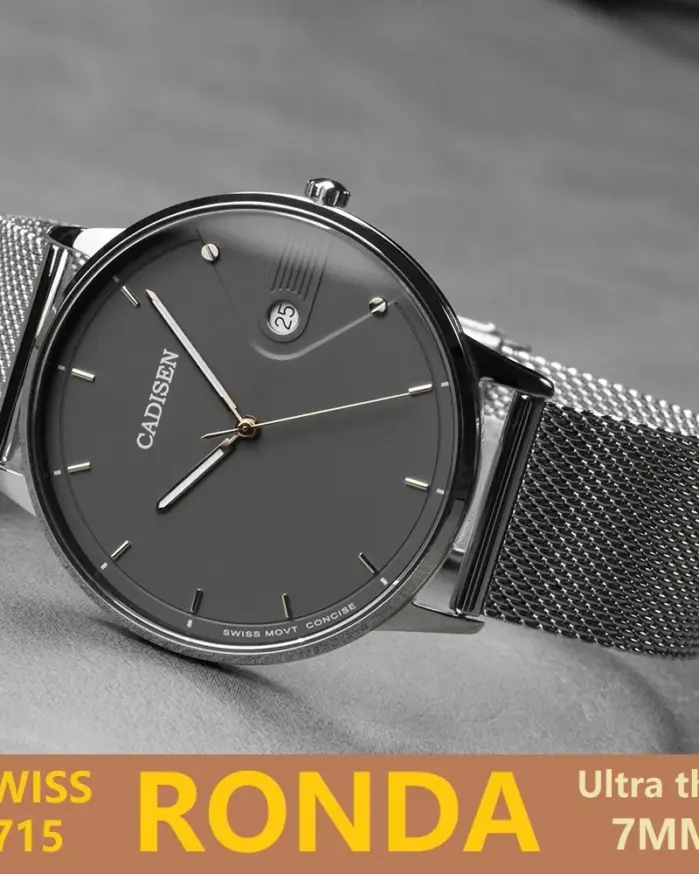 Reloj de cuarzo CADISEN Swiss Ronda 715 para hombre, esfera ultrafina de 7MM, zafiro luminoso, acero inoxidable, correa de malla Milano, relojes para hombre 1