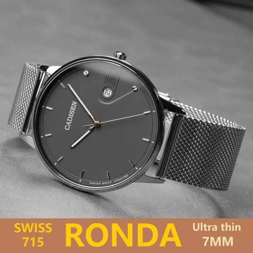 Reloj de cuarzo CADISEN Swiss Ronda 715 para hombre, esfera ultrafina de 7MM, zafiro luminoso, acero inoxidable, correa de malla Milano, relojes para hombre 1