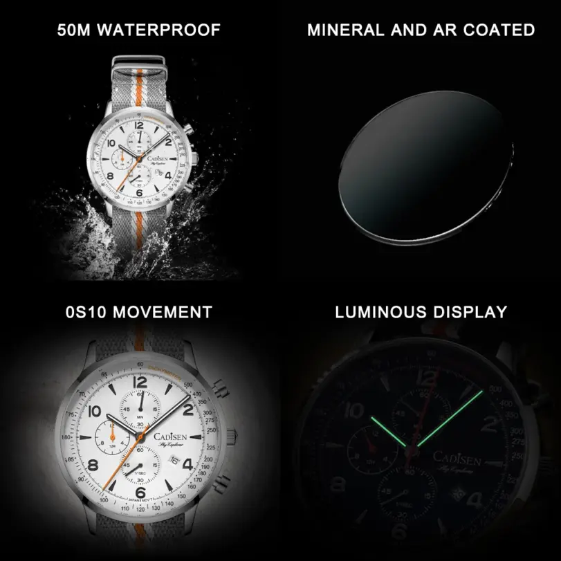 Reloj CADISEN nuevo cronógrafo de cuarzo para hombre, relojes de lujo para hombre MIYOTA 0S10 AR, reloj de pulsera de lona resistente al agua con espejo para hombre 4