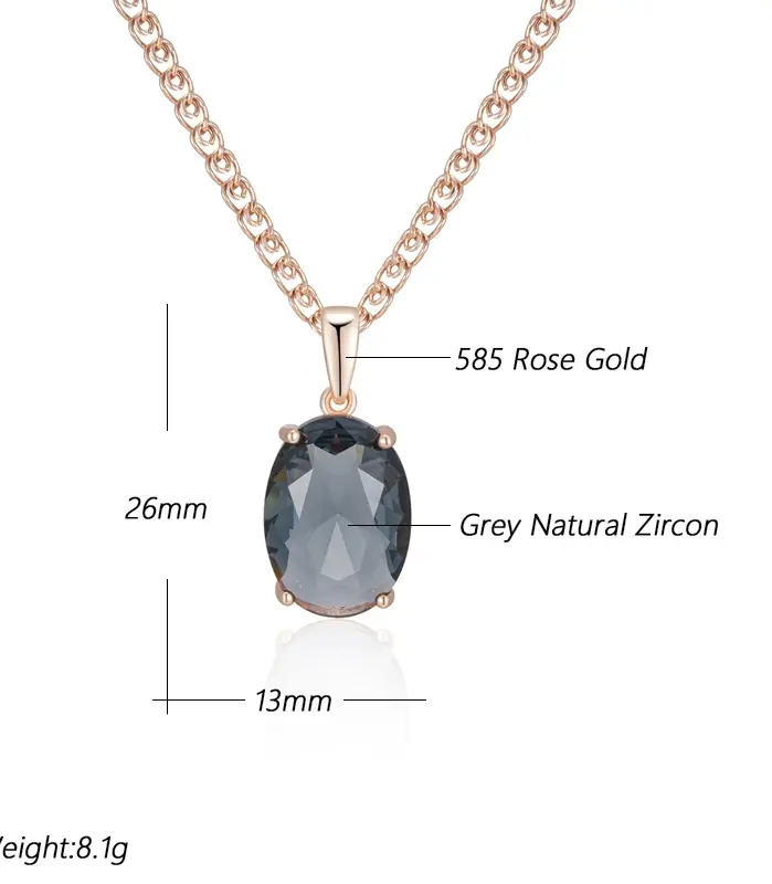Kinel-collar con colgante de cristal gris ovalado para mujer, Color oro rosa 585, con circón Natural, joyería fina diaria de alta calidad 2
