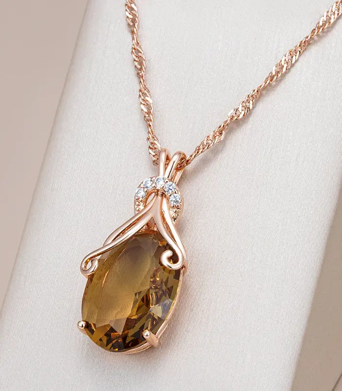 Kinel, collar con colgante de circón Natural marrón claro ovalado grande para mujer, moda 585, Color oro rosa, joyería diaria de alta calidad 1