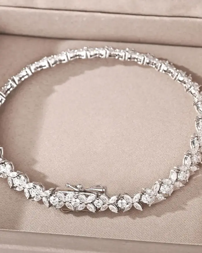 Pulsera de tenis KNOBSPIN de plata de ley s925 con moissanita, corte marquesa/redondo, pulseras florales para mujer, regalo de aniversario de bodas 2