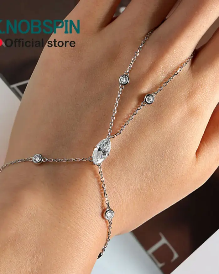 KNOBSPIN D VVS1 pulseras de dedo de moissanita para mujer, pulsera bohemia con rombos y corte marquesa, joyería de mano, cadena fina de plata s925 1