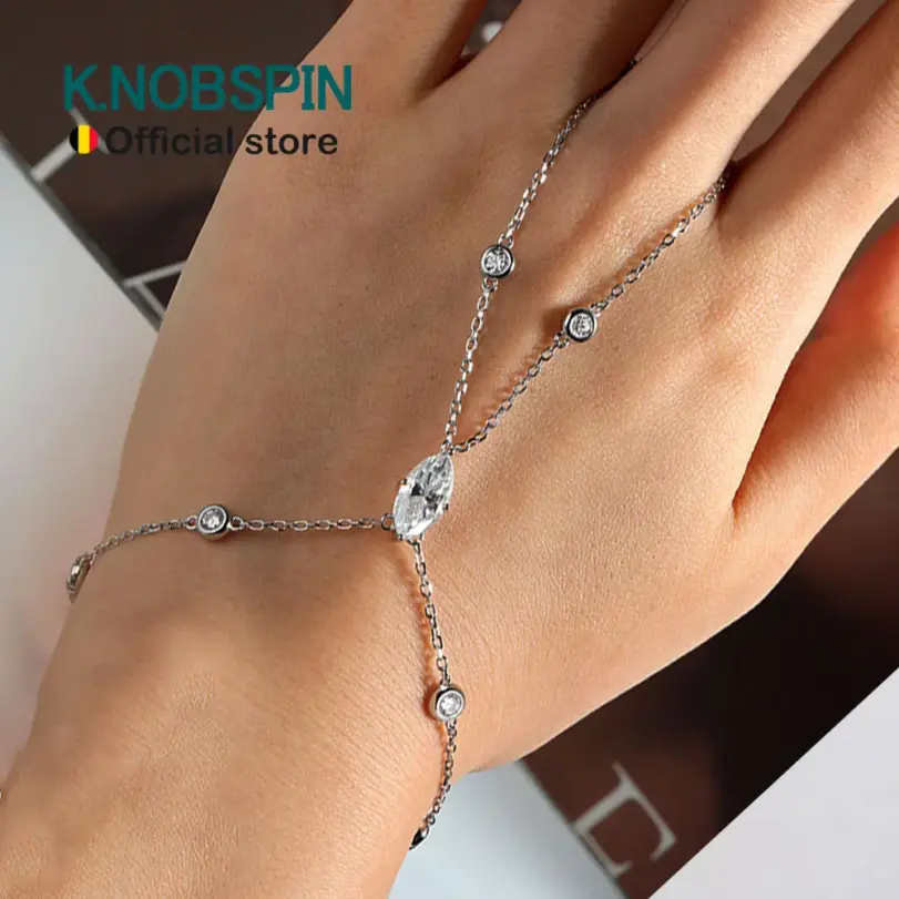 KNOBSPIN D VVS1 pulseras de dedo de moissanita para mujer, pulsera bohemia con rombos y corte marquesa, joyería de mano, cadena fina de plata s925 1