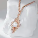 Kinel-collar con colgante de flor para mujer, Color oro rosa 585, con perla redonda, joyería de moda, regalo para fiesta y uso diario 4