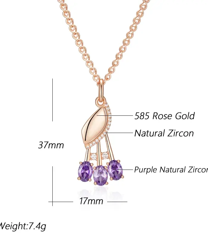 Kinel, collar con colgante de circón Natural púrpura brillante para mujer, moda 585, Color oro rosa, flor de cristal, joyería fina diaria 2