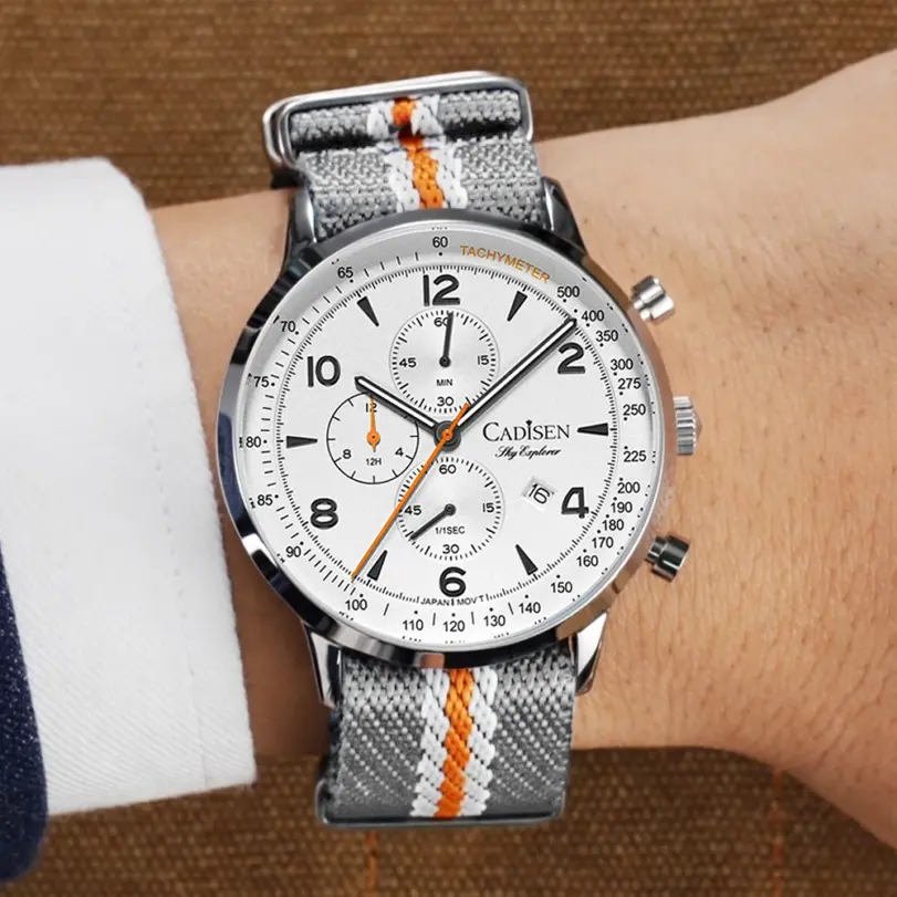 Reloj CADISEN nuevo cronógrafo de cuarzo para hombre, relojes de lujo para hombre MIYOTA 0S10 AR, reloj de pulsera de lona resistente al agua con espejo para hombre 1