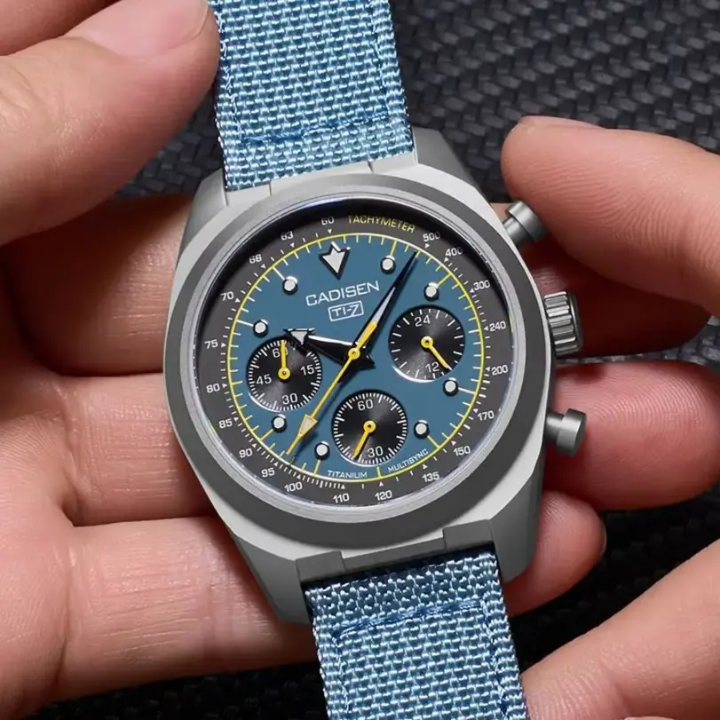 Relojes CADISEN Titanium TI-7 MULTISYNC New Moon para hombre, cronógrafo de lona VK63, regalo para hombre, reloj de cuarzo de lujo con cristal de zafiro AR para hombre 1