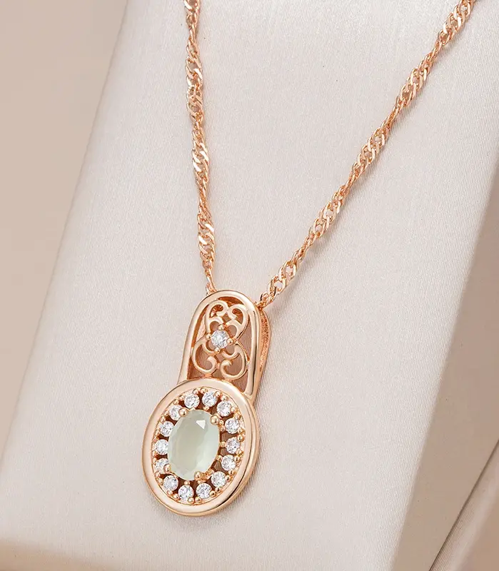 Kinel-collar con colgante de Esmeralda de corte ovalado, circonita Natural de lujo con flor de Color oro rosa 585, joyería étnica para boda diaria 1