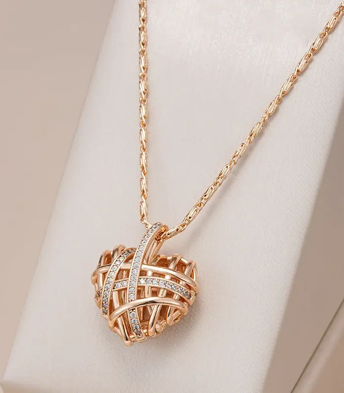 Kinel-collar con colgante de corazón hueco único para mujer, circonita Natural con Color oro rosa 585, joyería moderna para fiesta y boda 1