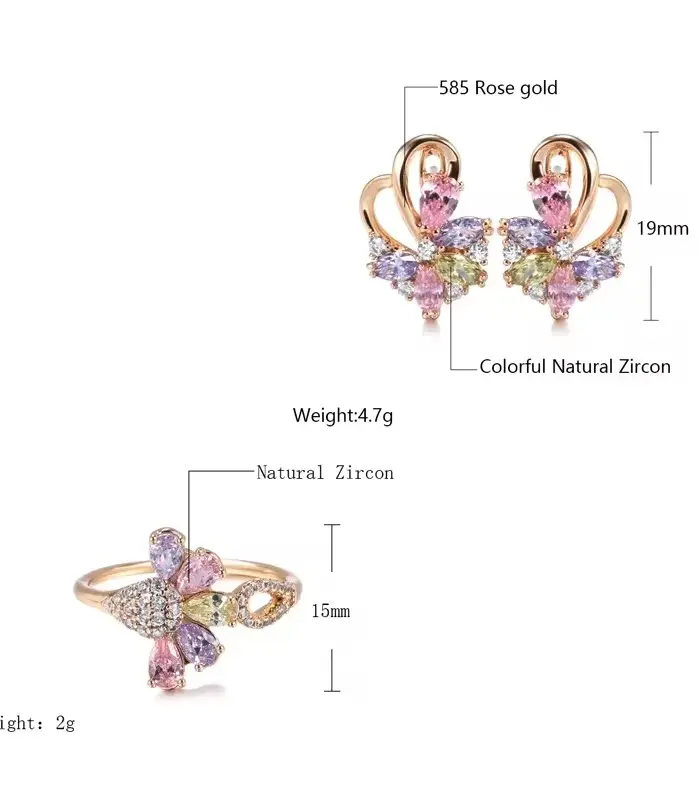 Kinel Hot 585 anillos de pendientes de flores de Color oro rosa para mujer accesorios de circón Natural coloridos de moda conjuntos de joyería diaria 2