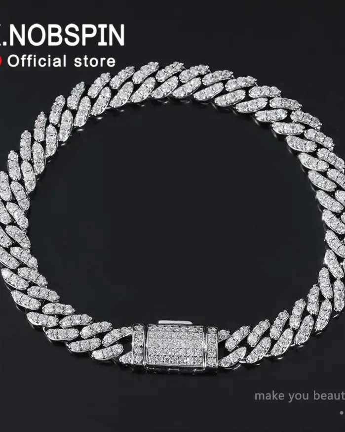 KNOBSPIN-pulsera cubana de moissanita para hombre y mujer, brazalete Original de plata de ley s925, chapado en oro blanco de 18 quilates con GRA, D VVS1 1