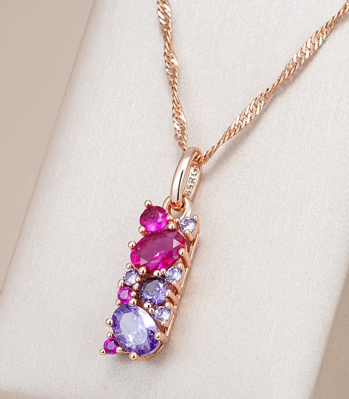 Kinel, collar con colgante de circón Natural rojo púrpura brillante para mujer, colgante de Color oro rosa 585, joyería étnica Vintage diaria 1