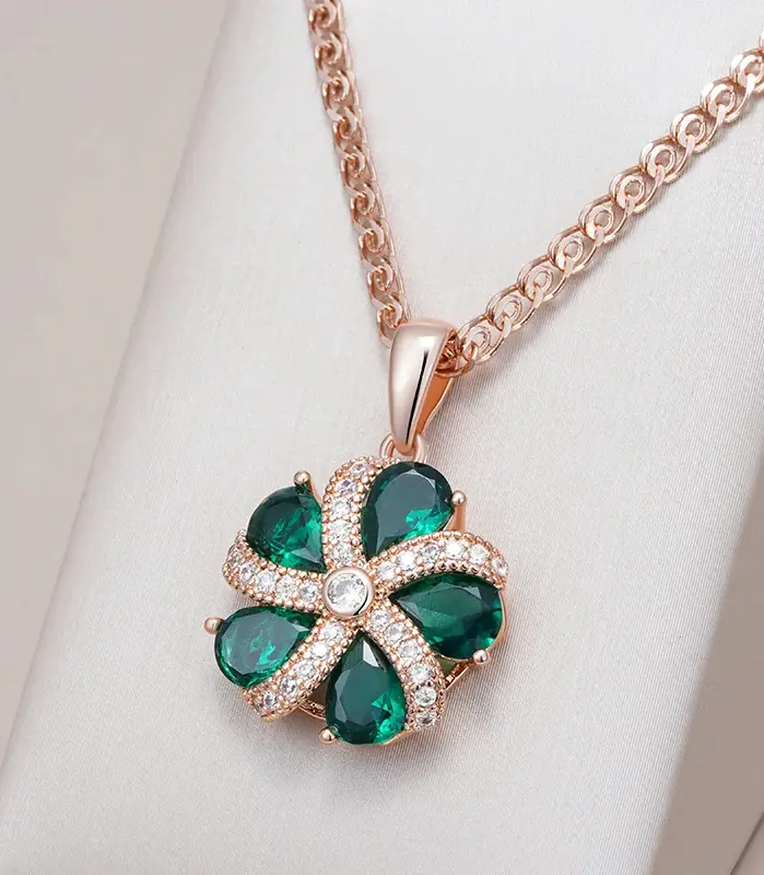 Kinel-collar con colgante de circón Natural verde brillante para mujer, tendencia 585, Color oro rosa, joyería de boda Retro fina para novia 1