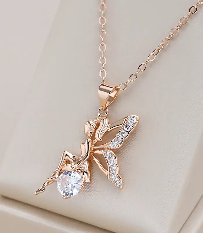 Kinel, collares con colgante de Ángel de tendencia novedosa para mujer, Color oro rosa 585, con colgante de circón Natural brillante, joyería fina diaria 1