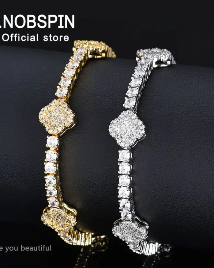 KNOBSPIN D VVS1 Pulsera de tenis de moissanita trébol de cuatro hojas s925 chapada en plata esterlina 18k con pulseras de boda GRA para mujer 1