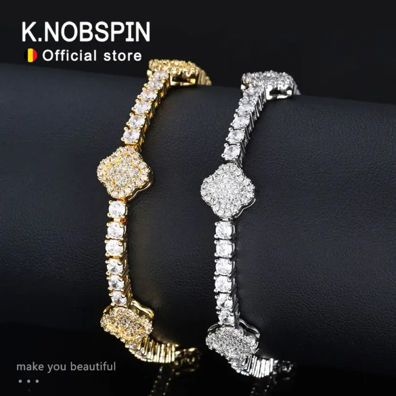 KNOBSPIN D VVS1 Pulsera de tenis de moissanita trébol de cuatro hojas s925 chapada en plata esterlina 18k con pulseras de boda GRA para mujer 1 KNOBSPIN D VVS1 Pulsera de tenis de moissanita trébol de cuatro hojas s925 chapada en plata esterlina 18k con pulseras de boda GRA para mujer 1