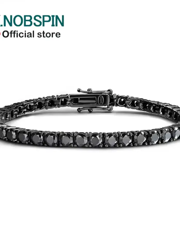 KNOBSPIN-pulsera de tenis de moissanita negra, 3mm, 4mm, lleno de diamantes, GRA, Plata de Ley 925 chapada en 18k, pulseras de hip hop para mujer y hombre 1