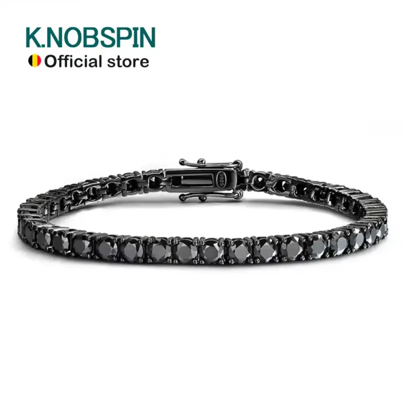 KNOBSPIN-pulsera de tenis de moissanita negra, 3mm, 4mm, lleno de diamantes, GRA, Plata de Ley 925 chapada en 18k, pulseras de hip hop para mujer y hombre 1