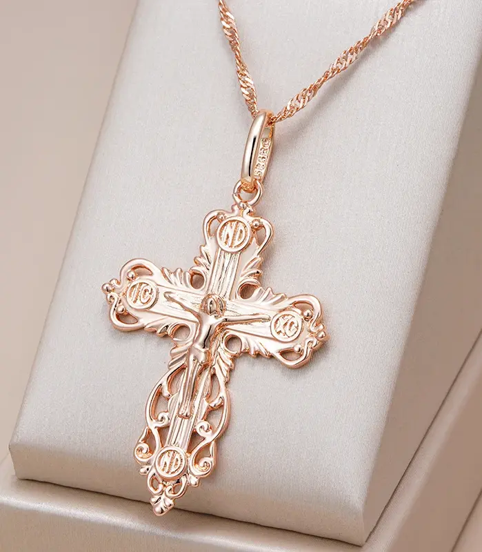 Kinel-collar con colgante de cruz de Color oro rosa 585, lujo, para mujeres y hombres, Iglesia Ortodoxa, Jesús, abalorio brillante, joyería fina diaria 1
