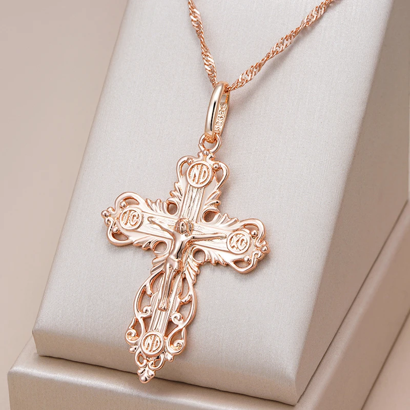 Kinel-collar con colgante de cruz de Color oro rosa 585, lujo, para mujeres y hombres, Iglesia Ortodoxa, Jesús, abalorio brillante, joyería fina diaria 1 Kinel-collar con colgante de cruz de Color oro rosa 585, lujo, para mujeres y hombres, Iglesia Ortodoxa, Jesús, abalorio brillante, joyería fina diaria 1