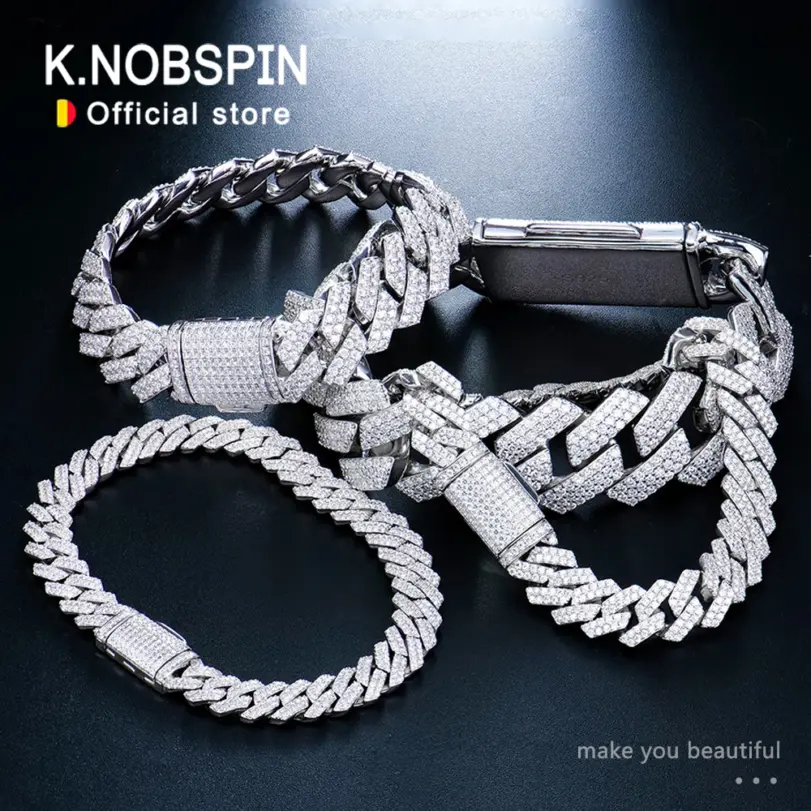KNOBSPIN GRA certificado D VVS1 pulsera cubana de moissanita 8mm/10mm/12mm/14mm pulseras cubanas de plata esterlina s925 para mujer y hombre 1 KNOBSPIN GRA certificado D VVS1 pulsera cubana de moissanita 8mm/10mm/12mm/14mm pulseras cubanas de plata esterlina s925 para mujer y hombre 1