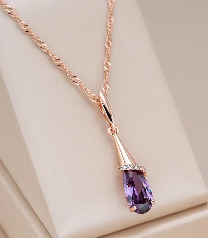 Kinel-collar con colgante largo para mujer, Color oro rosa 585, gota de agua, circonita Natural púrpura, joyería fina para uso diario, regalo 1