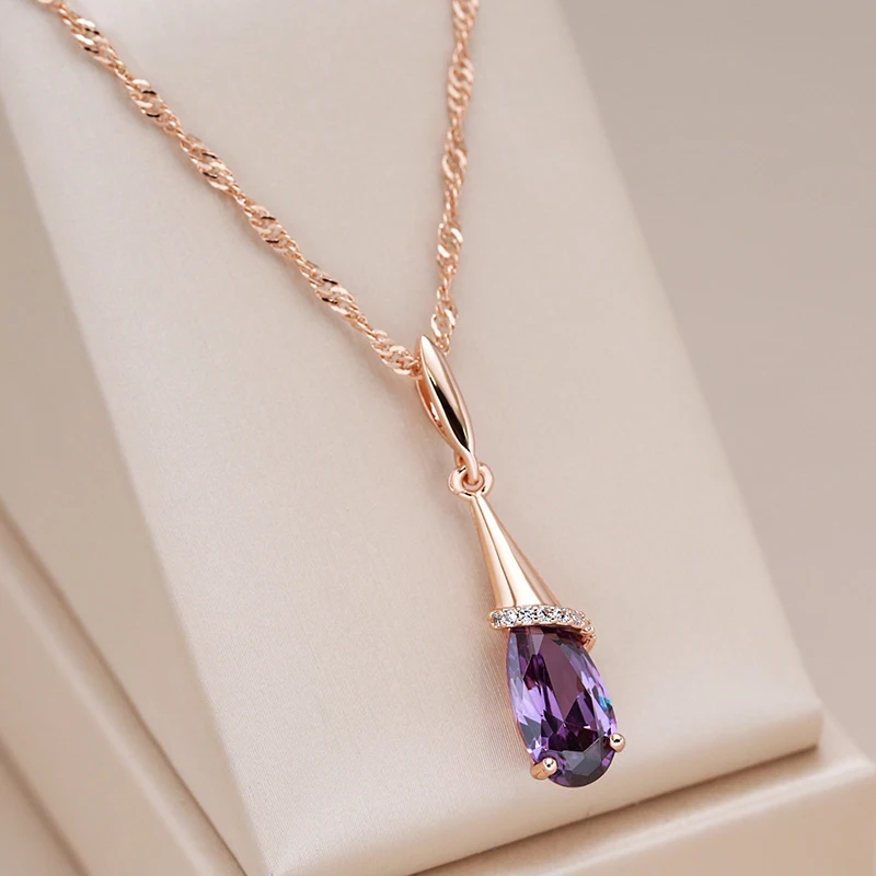 Kinel-collar con colgante largo para mujer, Color oro rosa 585, gota de agua, circonita Natural púrpura, joyería fina para uso diario, regalo 1 Kinel-collar con colgante largo para mujer, Color oro rosa 585, gota de agua, circonita Natural púrpura, joyería fina para uso diario, regalo 1
