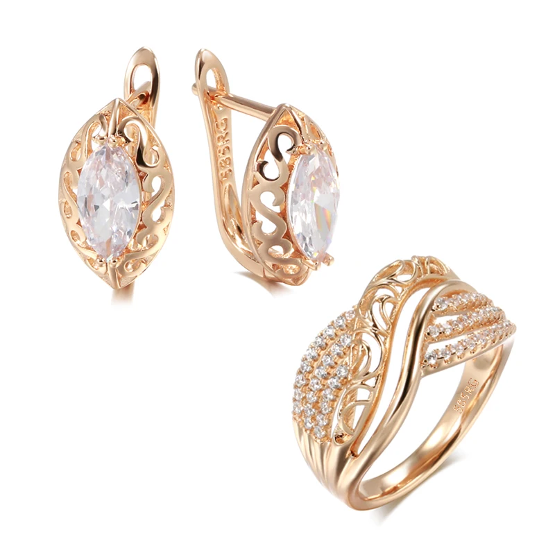 Kinel-Conjunto de anillos y pendientes de boda para novia, aretes de lujo, flor hueca de oro rosa 585, circón Natural, tendencia Vintage, joyería diaria 1 Kinel-Conjunto de anillos y pendientes de boda para novia, aretes de lujo, flor hueca de oro rosa 585, circón Natural, tendencia Vintage, joyería diaria 1