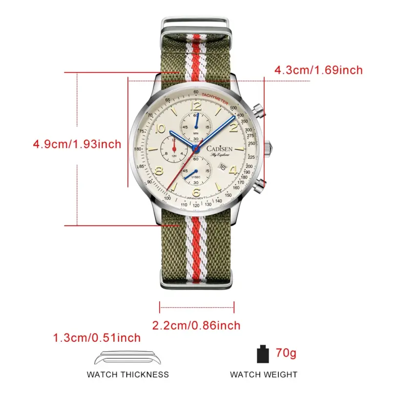 Reloj CADISEN nuevo cronógrafo de cuarzo para hombre, relojes de lujo para hombre MIYOTA 0S10 AR, reloj de pulsera de lona resistente al agua con espejo para hombre 6