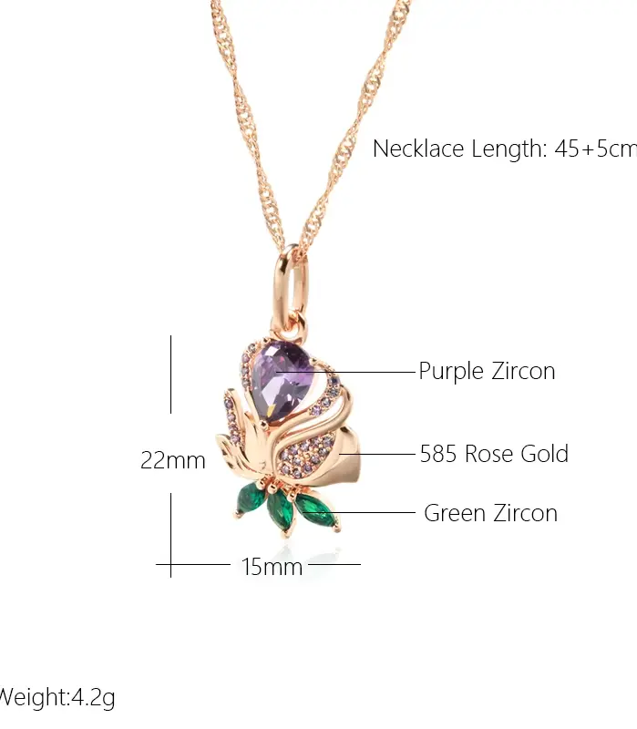 Kienl-collar con colgante de flor de circón Natural púrpura Vintage para mujer, joyería fina de alta calidad para uso diario, collar de Color oro rosa 585 2