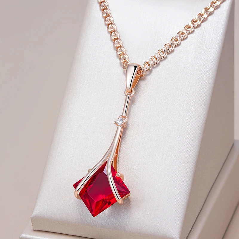 Kinel-collar con colgante largo de circón Natural rojo cuadrado para mujer, Color oro rosa 585, joyería Vintage fina diaria de alta calidad 1 Kinel-collar con colgante largo de circón Natural rojo cuadrado para mujer, Color oro rosa 585, joyería Vintage fina diaria de alta calidad 1