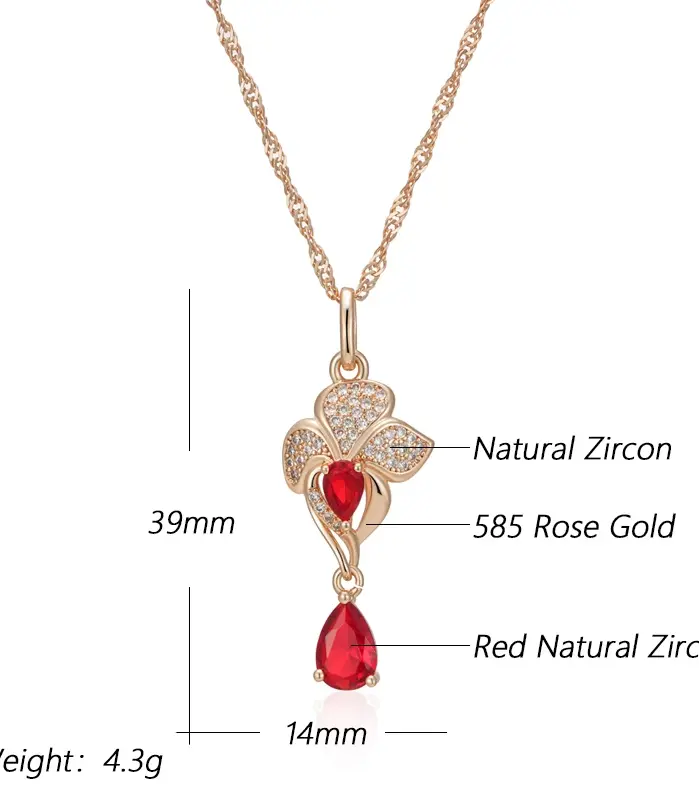 Kinel-collar con colgante largo de flor de circón Natural rojo de lujo para mujer, Color oro rosa 585, joyería fina de boda con flores Vintage 2