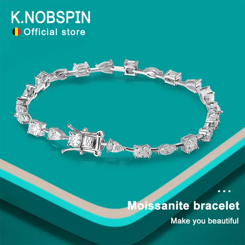 KNOBSPIN, pulseras de tenis de moissanita de 6,3 - 8,1 quilates para mujeres y hombres, pulsera chapada en plata de ley s925 con diamantes de cultivo de laboratorio D VVS1 de 18 quilates 1