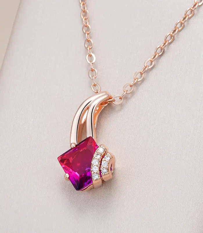 Kinel-collar con colgante de circón Natural rojo cuadrado para mujer, colgante de Color oro rosa 585, joyería de boda, regalo de cristal 1