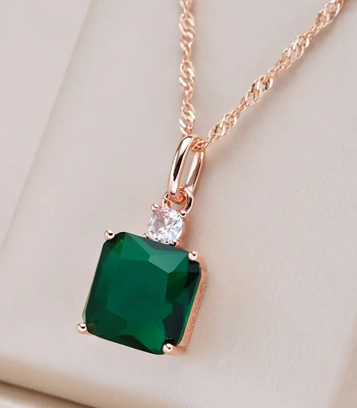Kinel-collar con colgante de piedra verde cuadrado para mujer, Color oro rosa 585, accesorios de circón Natural, joyería fina diaria 1