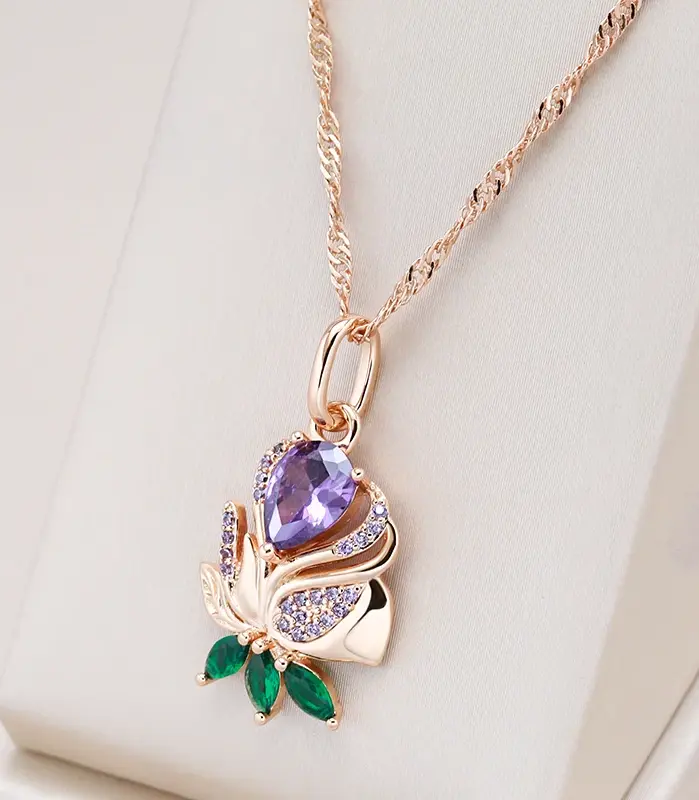 Kienl-collar con colgante de flor de circón Natural púrpura Vintage para mujer, joyería fina de alta calidad para uso diario, collar de Color oro rosa 585 1