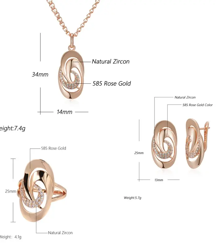 Kinel-Conjunto de joyería fina para mujer, geometría inusual, brillante, para uso diario, Color oro rosa 585, circonita Natural, anillo grande, pendientes, collar 2