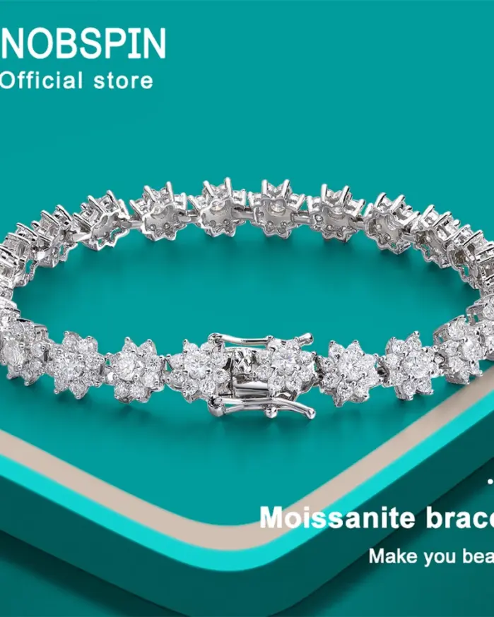 KNOBSPIN-pulsera de tenis de moissanita con flor, joyería de boda chapada en plata de ley 925, pulseras GRA de oro blanco de 18k para mujer y hombre 1