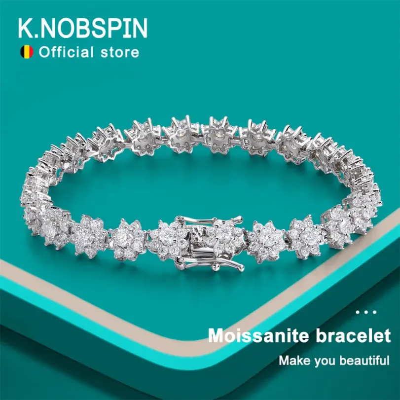 KNOBSPIN-pulsera de tenis de moissanita con flor, joyería de boda chapada en plata de ley 925, pulseras GRA de oro blanco de 18k para mujer y hombre 1