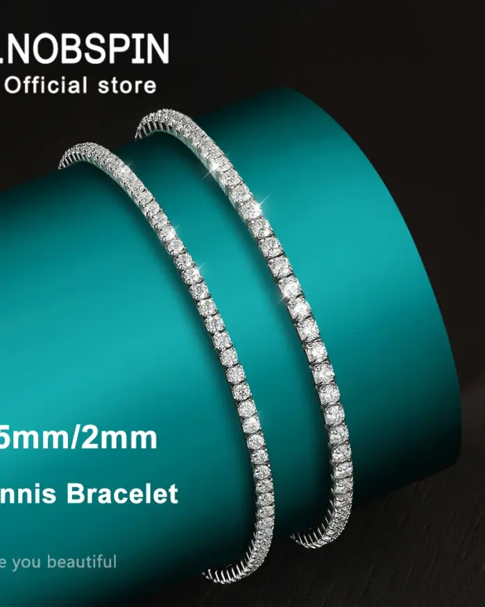 KNOBSPIN Pulseras de Tenis de Moissanita de 1.5/2/3mm para Mujer, Plata de Ley 925 Bañada en Oro Blanco de 18k, Certificadas GRA, Pulsera Delicada 1