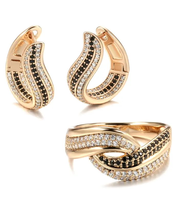 Kinel-pendientes de circonita negra Natural de lujo para mujer, anillo étnico de oro rosa 585, pendientes de novia, anillo, conjuntos de joyería de boda Vintage 1