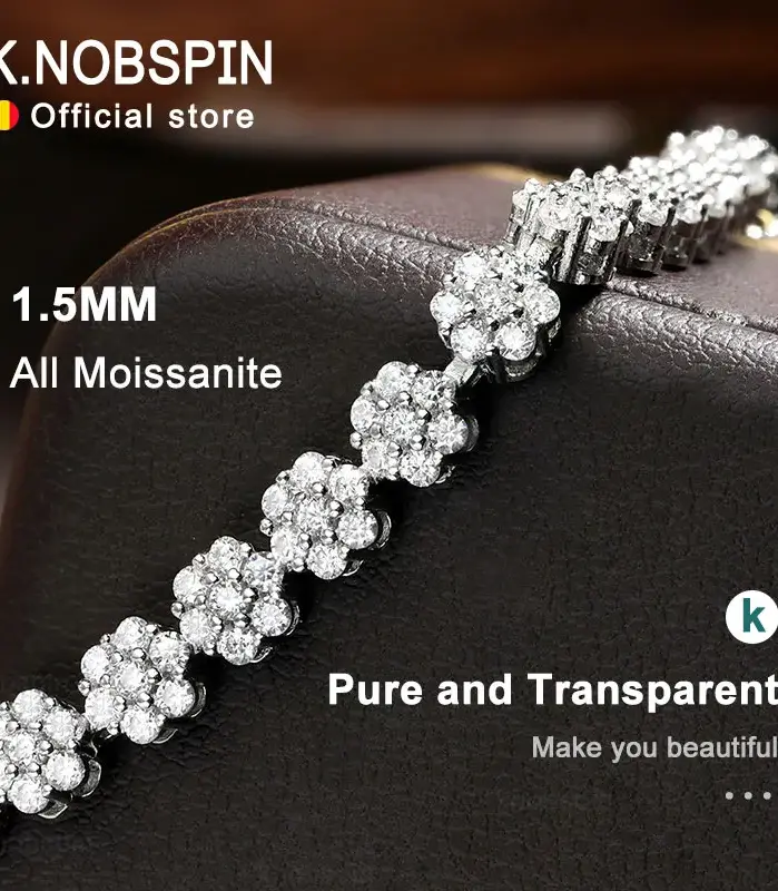 KNOBSPIN-pulsera de tenis de moissanita D VVS1, brazalete de diamante completo GRA, Plata de Ley 925 chapada en oro blanco, pulseras de flores para mujer y hombre 2