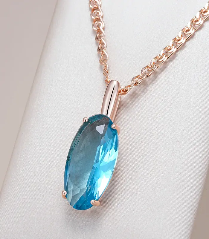 Kinel-collar con colgante ovalado grande para mujer, azul brillante, Color oro rosa 585, con circón Natural, joyería fina diaria de alta calidad 1