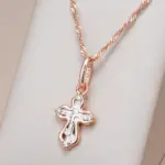 Kinel-collar con colgante pequeño de cruz de iglesia ortodoxa de lujo para mujer, Color oro rosa 585, circonita Natural, abalorio de Jesús, joyería diaria 1