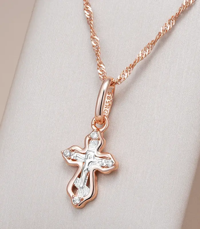 Kinel-collar con colgante pequeño de cruz de iglesia ortodoxa de lujo para mujer, Color oro rosa 585, circonita Natural, abalorio de Jesús, joyería diaria 1